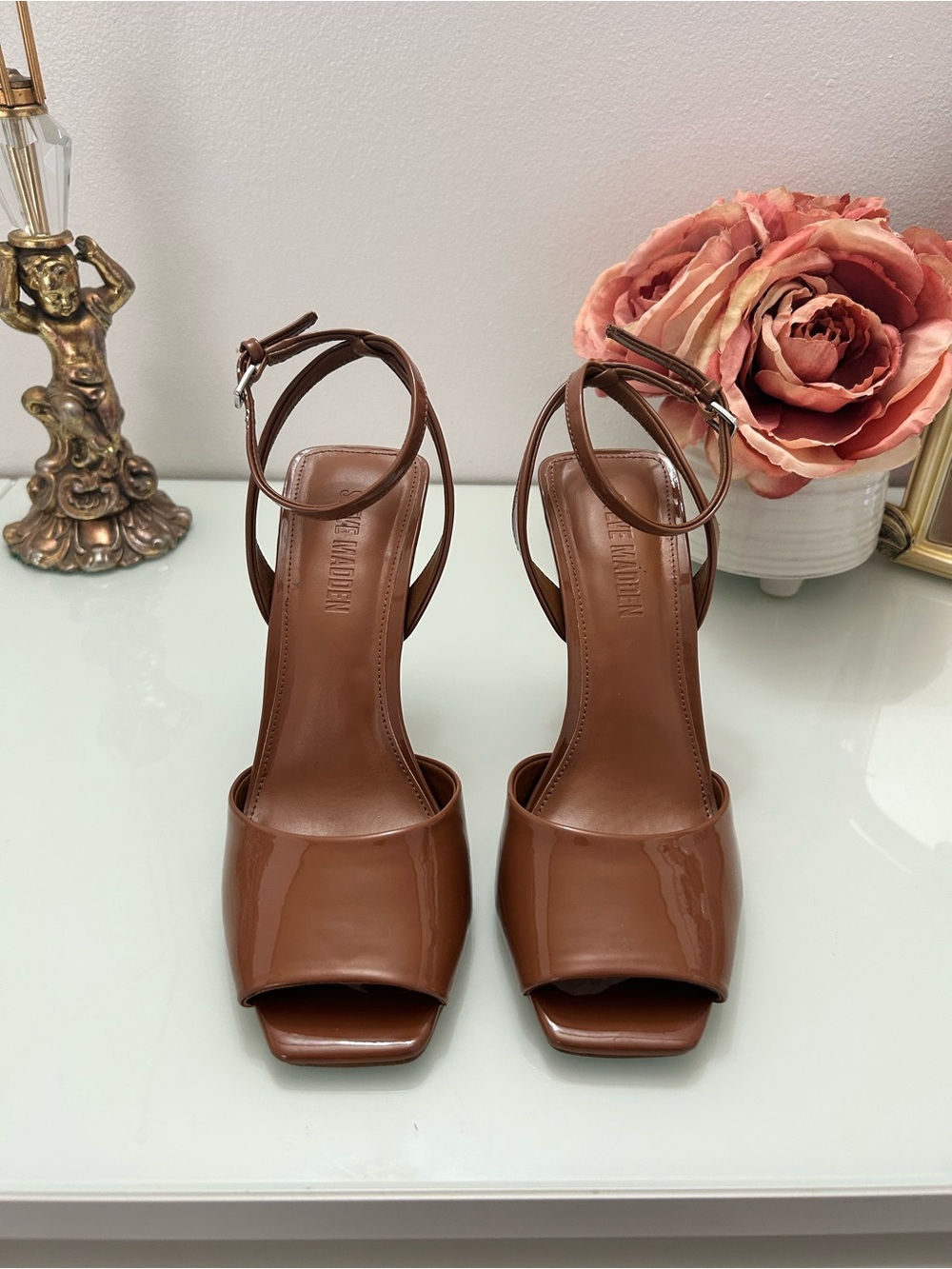 Steve Madden Brown Patent Leather Square-Toe Ankle-Strap Heels